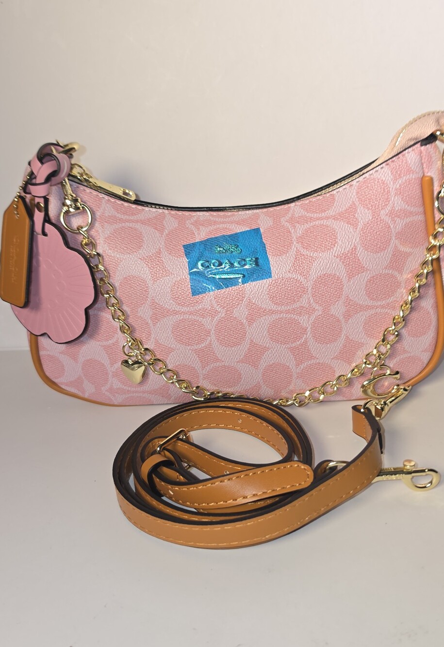 Coach Pink Signature Canvas Shoulder Bag with Tan Trim and Gold Chain